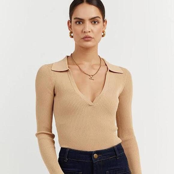 Dissh Tan Collared Top Size 8 - Picture 1 of 7